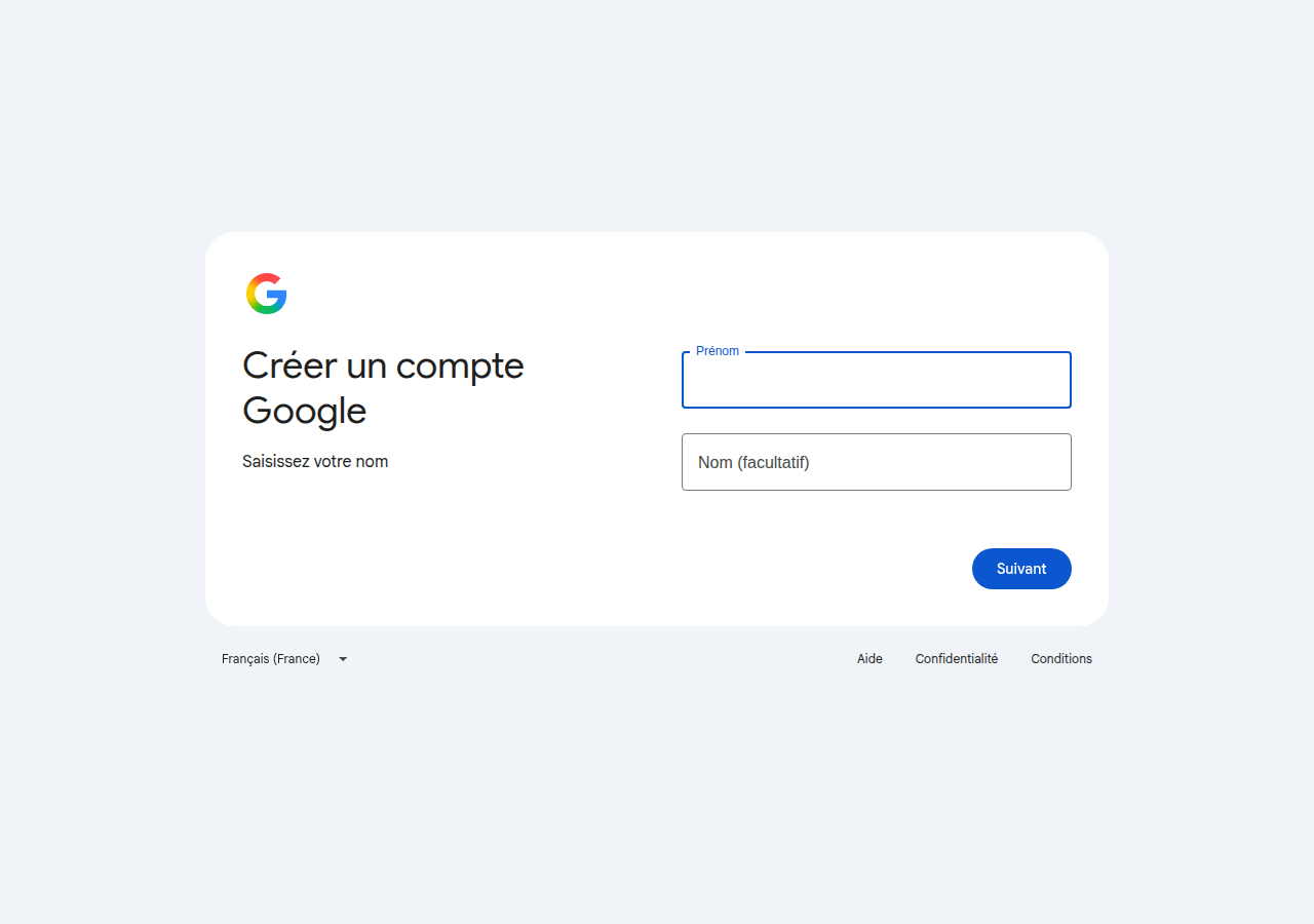 Page réelle Google de création d’un compte, capturée dans un navigateur
