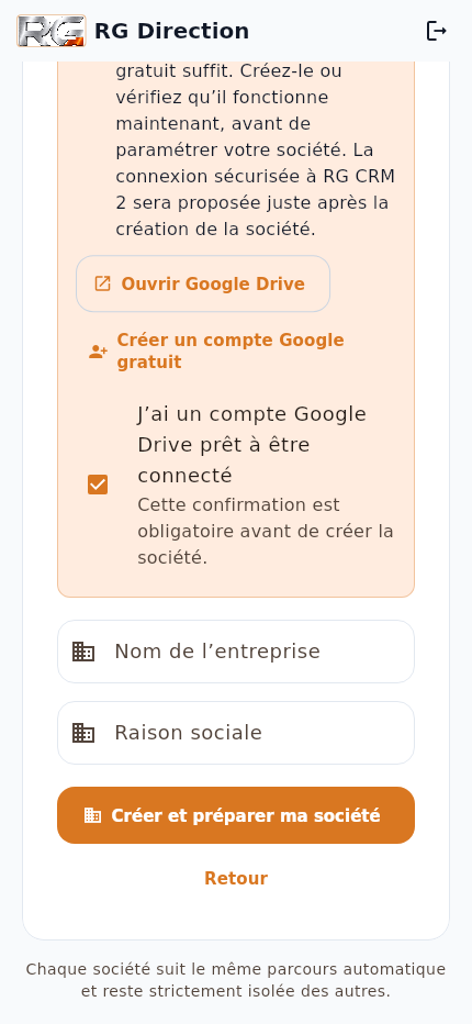 Écran réel RG Direction permettant de renseigner le nom de l’entreprise et la raison sociale avant de créer la société