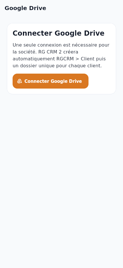 Écran réel des réglages Google Drive de RG Direction avant connexion