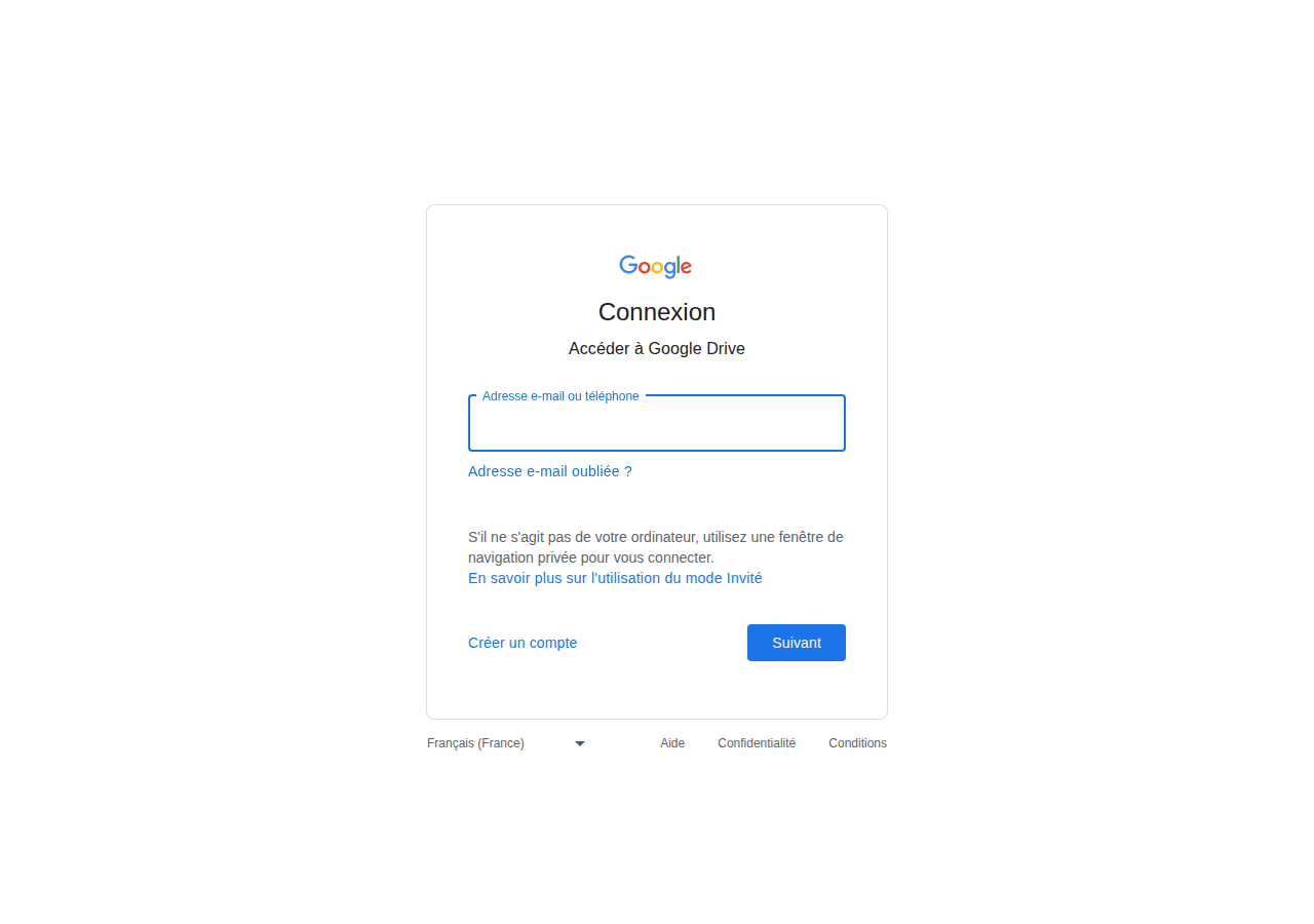 Écran réel Google Drive ou connexion Google ouvert par navigateur