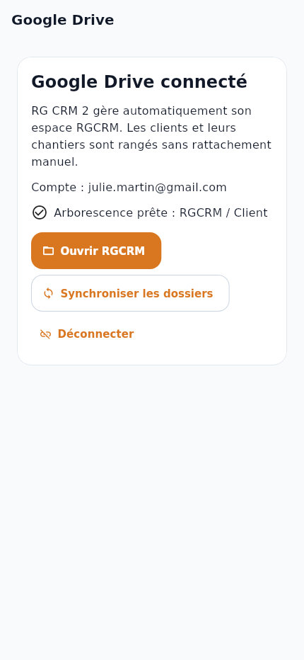 Écran réel RG Direction confirmant que Google Drive est connecté